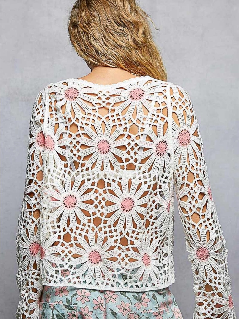 POL White Crochet Daisy Tunic with Pink Centers  (NWT)      O/S - Picture 2 of 2